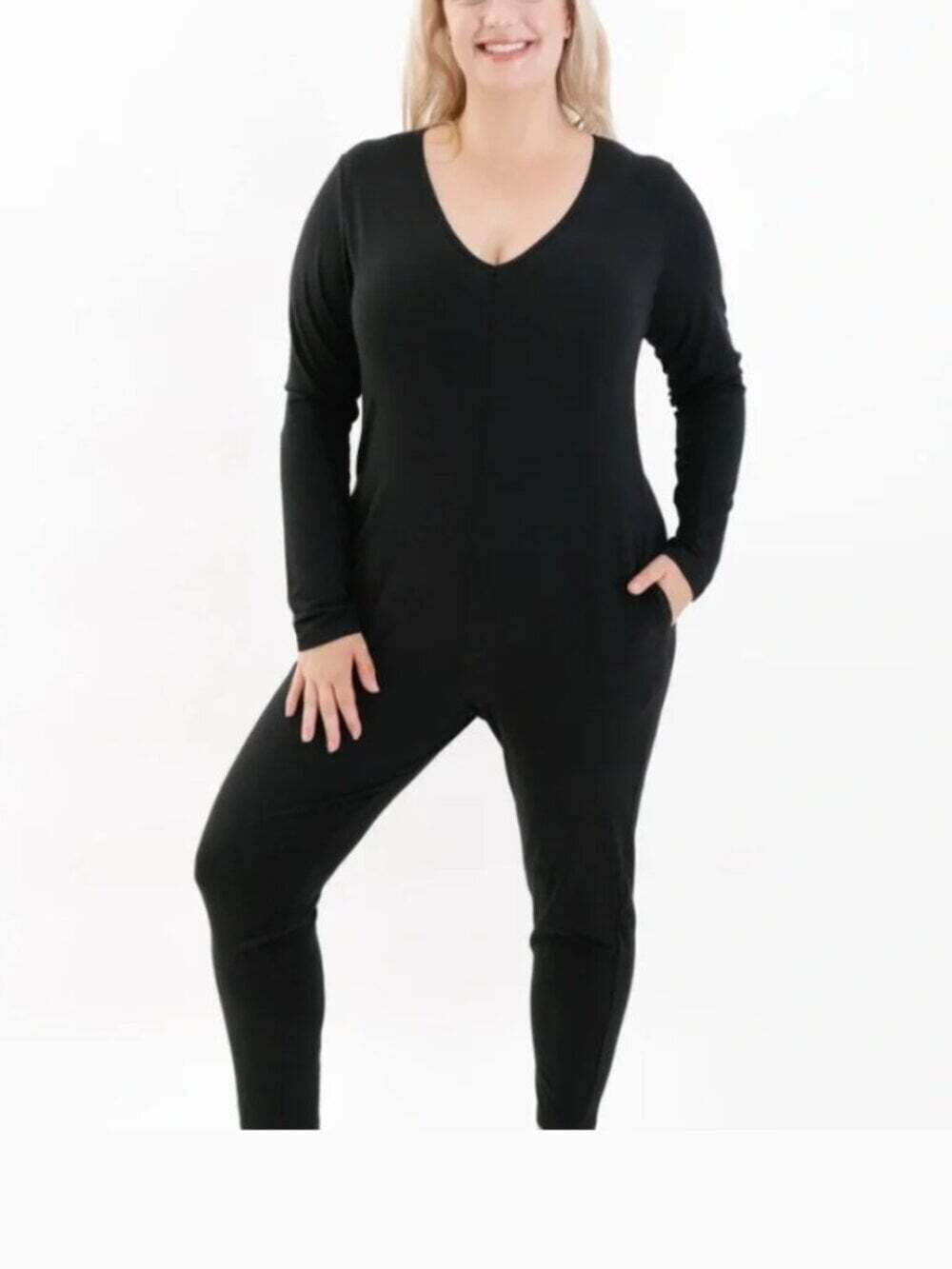 Smash + Tess Black Long Sleeve V-Neck Jumpsuit Size Medium